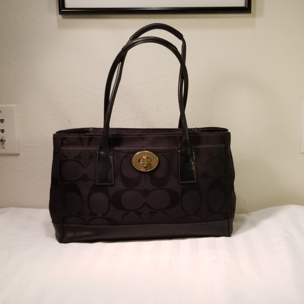 Coach Black Signature Tote with Gold Turnlock